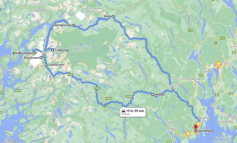 map of road trip in southern norway