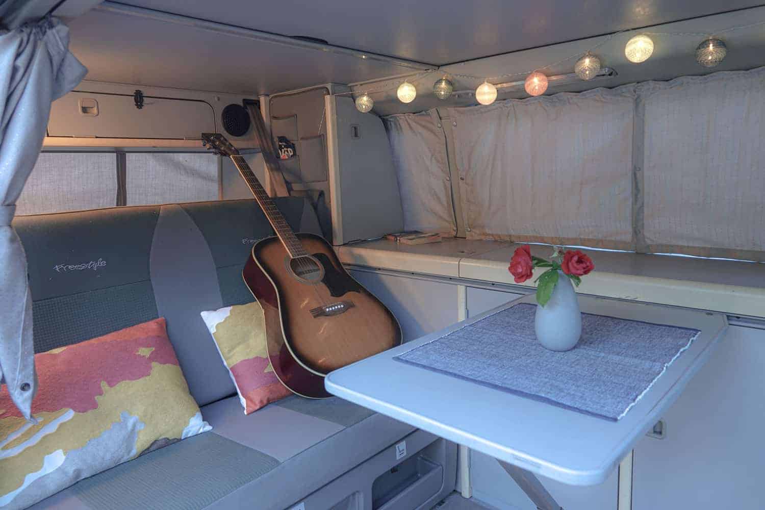 interior of Volkswagen campervan ready to rent