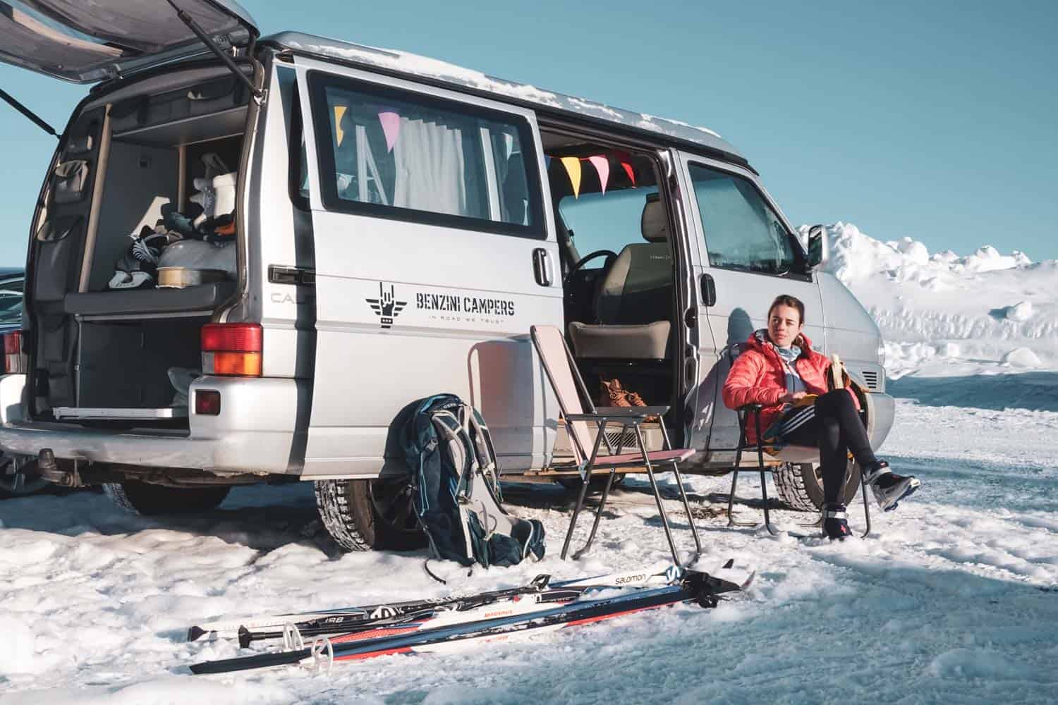 Chilling by the campervan after skiing